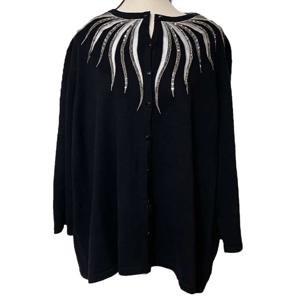 Bob Mackie Black ButtonCardigan‎ w/Silver Flame Ribbons Beads Sequins Accents